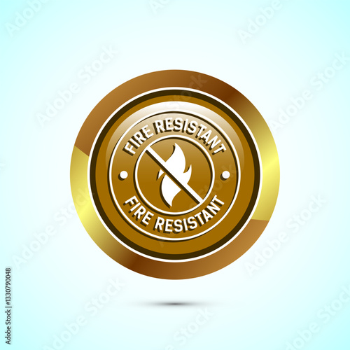 Fire resistant icon design illustration, Fire flame protection sign symbol, Gold color round button design