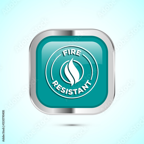 Fire resistant icon design illustration, Fire flame protection sign symbol, Teal color square button design