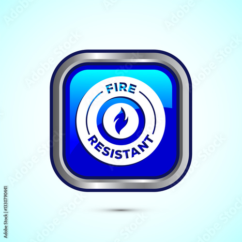 Fire resistant icon design illustration, Fire flame protection sign symbol, Blue color square button design