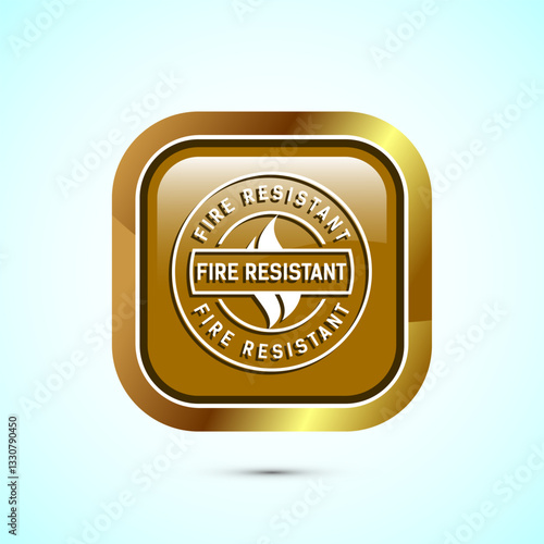 Fire resistant icon design illustration, Fire flame protection sign symbol, Gold color square button design