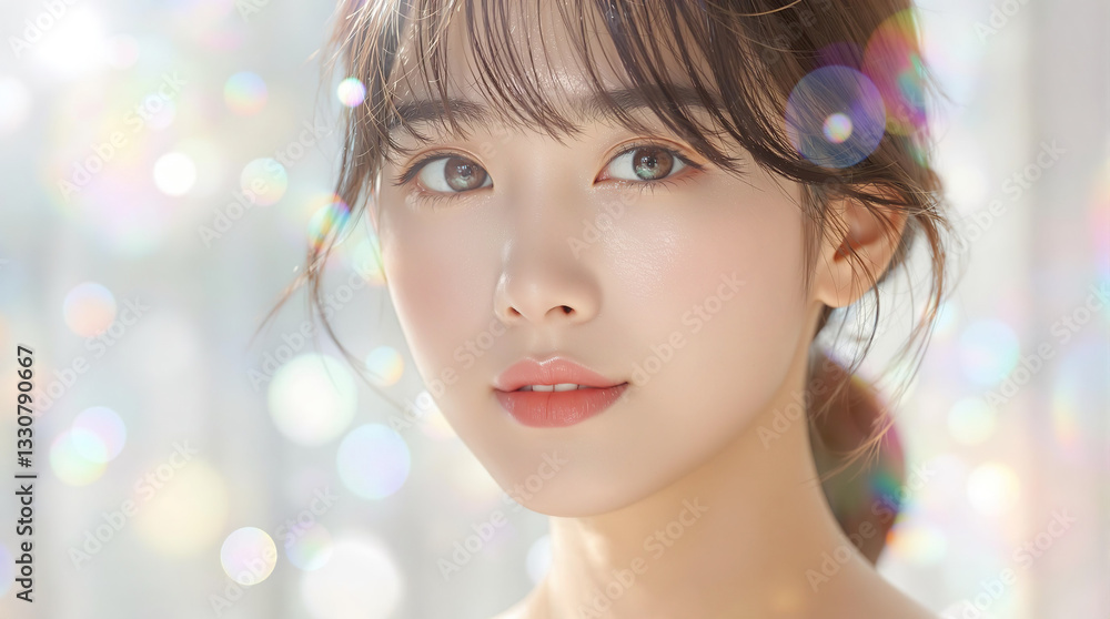キラキラと輝く玉ボケと美しいアジア人女性の顔のクローズアップ キラキラと輝く玉ボケと美しいアジア人女性の顔のクローズアップ
