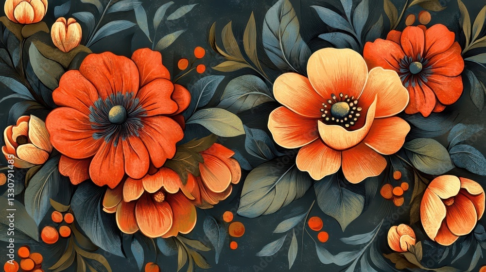 custom made wallpaper toronto digitalDecorative floral artwork featuring orange flowers and green leaves and buds
