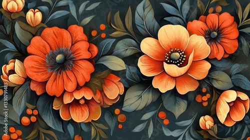 Wallpaper Mural Decorative floral artwork featuring orange flowers and green leaves and buds Torontodigital.ca