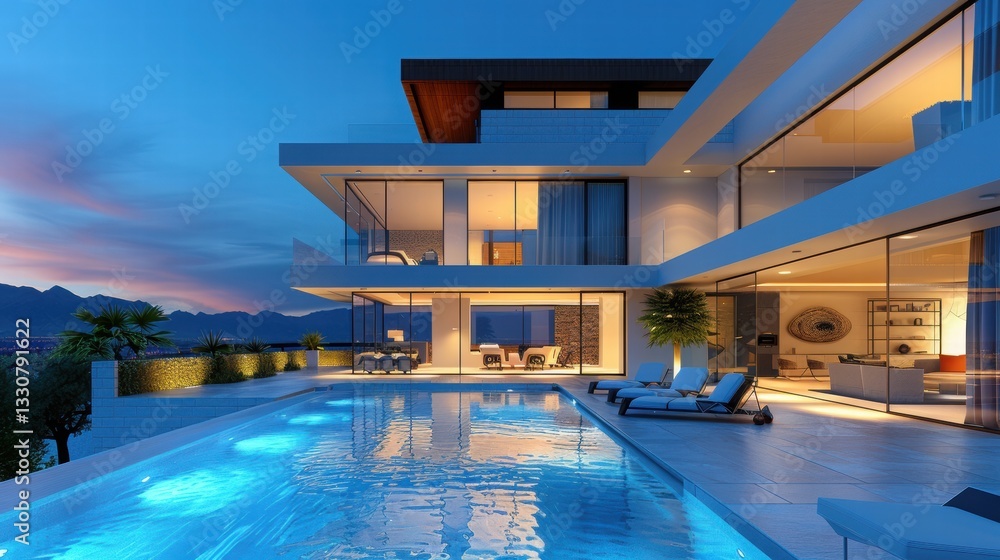 Fototapeta premium Modern Luxury Villa with Pool at Sunset in Beautiful Landscape