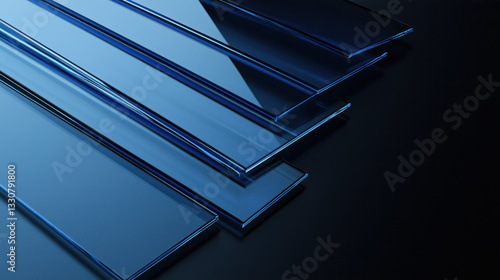 Set of Blue Glass Sheets and Panels Arranged in an Angular Pattern on the Right Side, Featuring Transparent Texture and Blue Gradient Color Against a Black Background