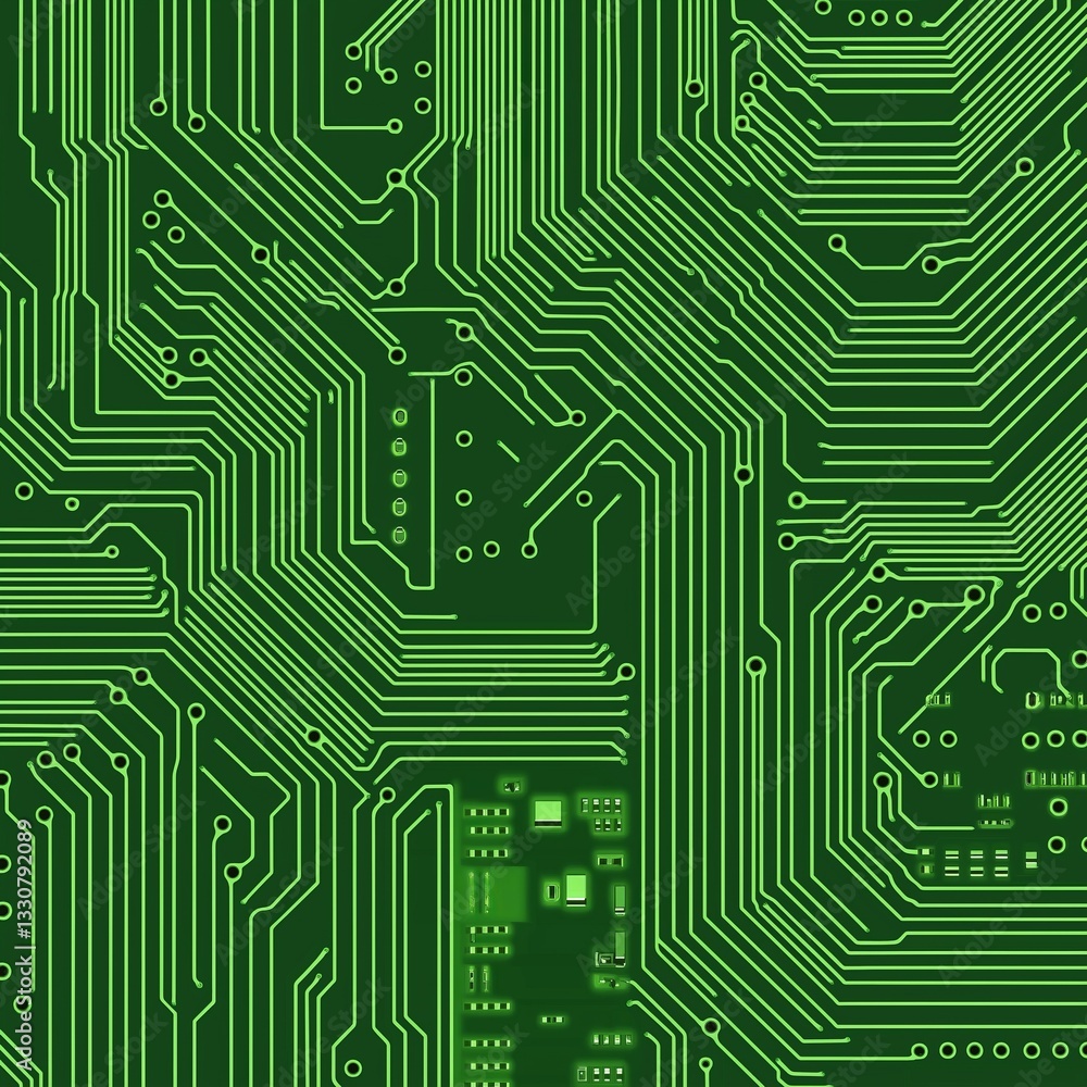 Green circuit board pattern with detailed pathways and electronic components Green circuit board pattern with detailed pathways and electronic components