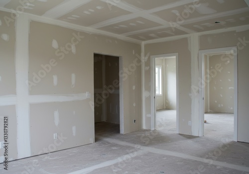 Unfinished interior room with drywall installation and natural light through windows