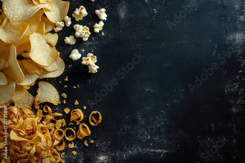 Crunchy Snack Variety Potato Chips, Popcorn, and Corn Snacks on Dark Background