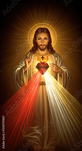 Sacred heart of jesus with radiant light and divine rays in spiritual portrait