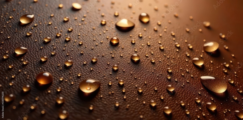 Clear droplets beading on rich, textured brown leather , background, photography, spill Clear droplets beading on rich, textured brown leather , background, photography, spill