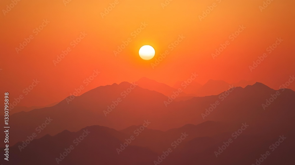 Obraz premium A vibrant orange sunset over the majestic mountain silhouettes in nature