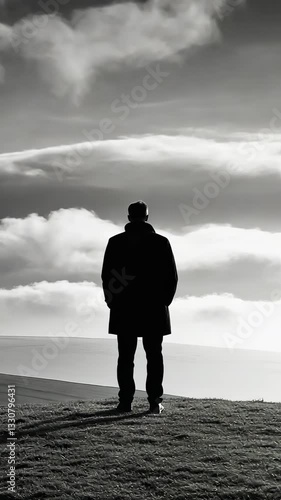 Man stands alone on a hilltop contemplating the vast landscape and dramatic cloud formations at sunrise