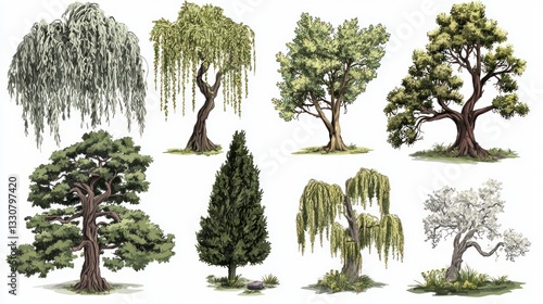 Eight diverse tree illustrations, isolated on white.