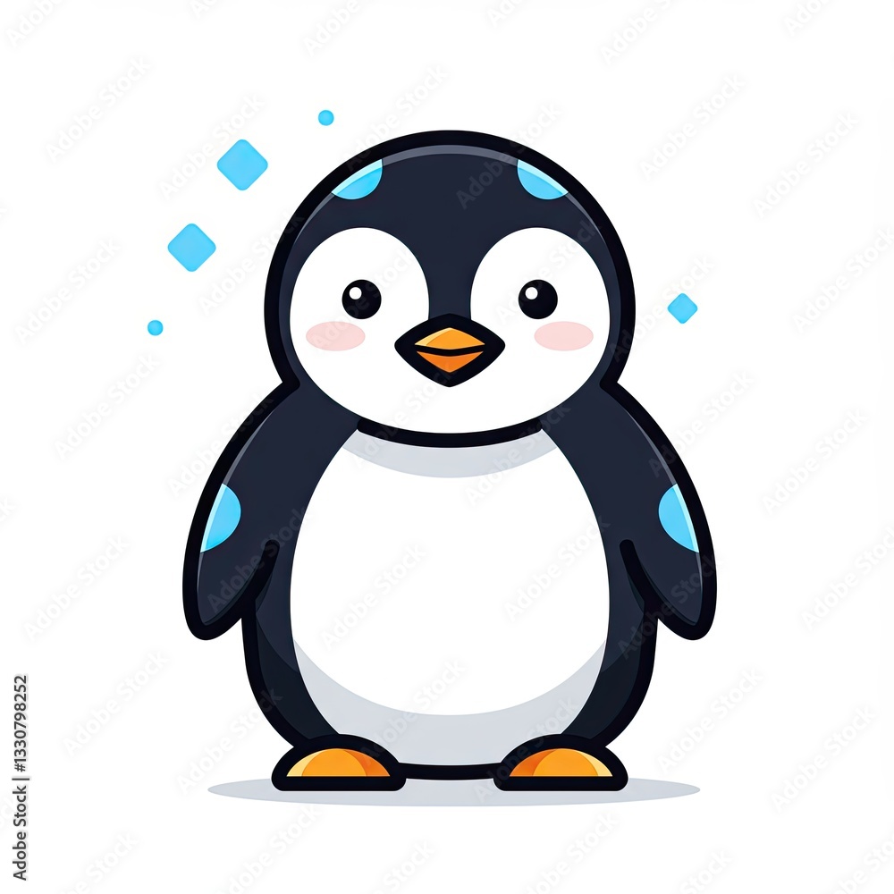 Obraz premium Cute cartoon penguin with blue spots and simple geometric design on white background