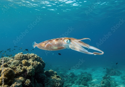 Majestic cuttlefish gliding gracefully above vibrant coral reef in crystal clear ocean waters