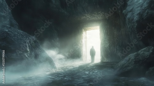 Ethereal Resurrection Vision Depicting the Miraculous Revival of Lazarus with a Mysterious Tomb Gateway and a Reverent Figure Amidst Divine Light