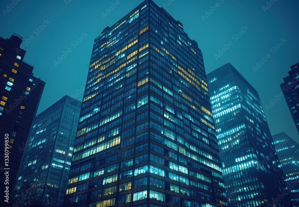 Obraz premium Urban night view of modern skyscraper buildings illuminated by city lights, showcasing a blend of architectural design and vibrant atmosphere in a metropolitan area