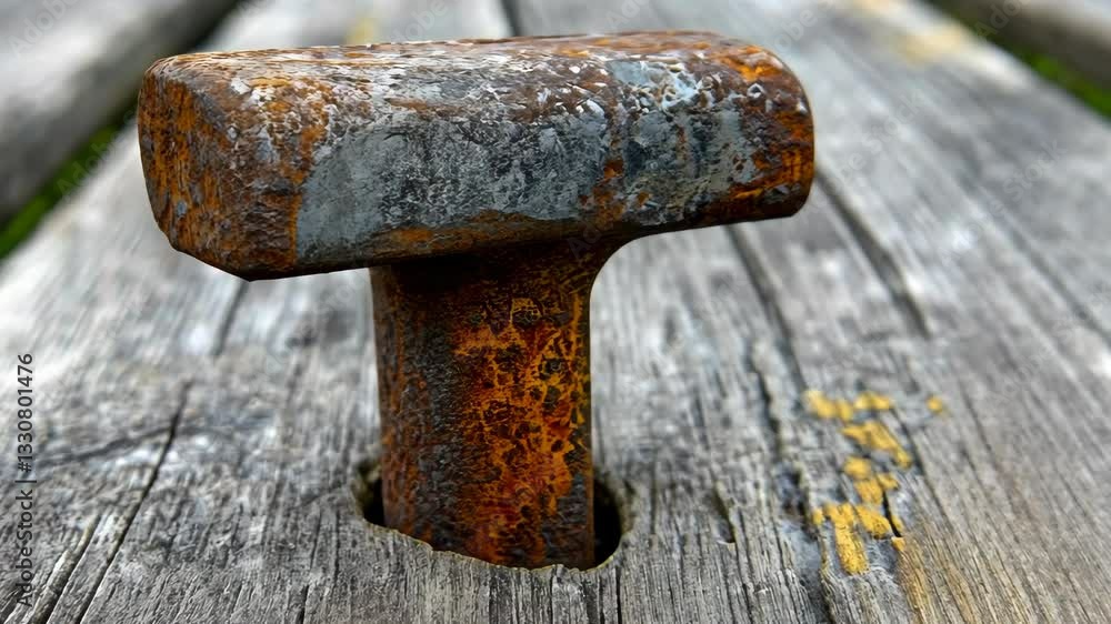 Rusty metal cleat embedded in weathered wooden dock during a calm afternoon Rusty metal cleat embedded in weathered wooden dock during a calm afternoon