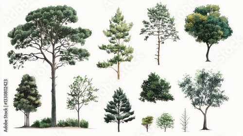 Collection of various tree illustrations isolated on white.