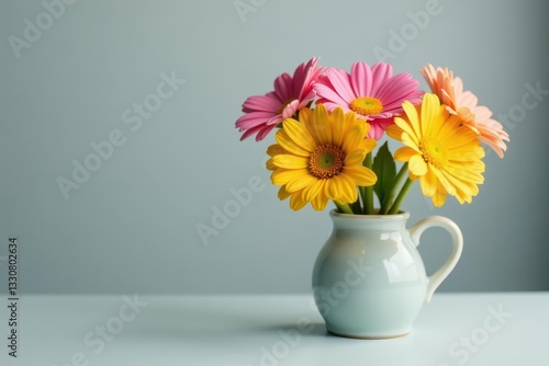 Wallpaper Mural Small ceramic vase; cheerful pink and yellow flowers; grey background , grey, picture Torontodigital.ca
