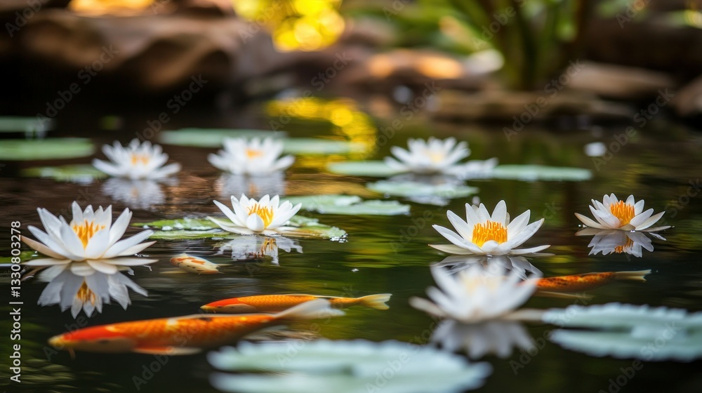 White water lilies and koi fish swimming in a garden pond White water lilies and koi fish swimming in a garden pond
