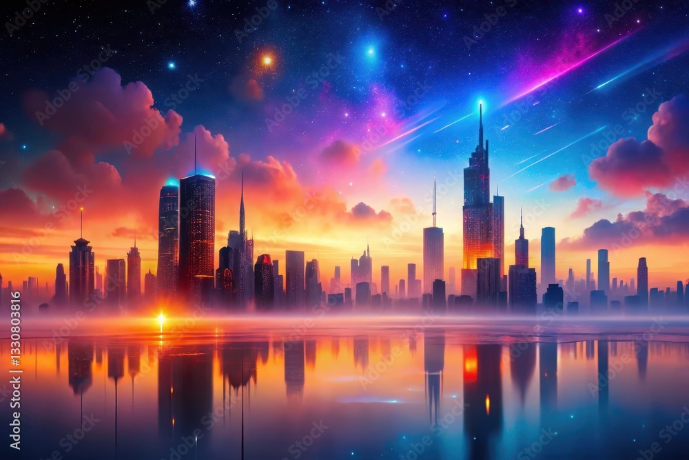 A vibrant cityscape at dawn, reflecting in tranquil waters under a breathtaking celestial display of shooting stars and nebulae.