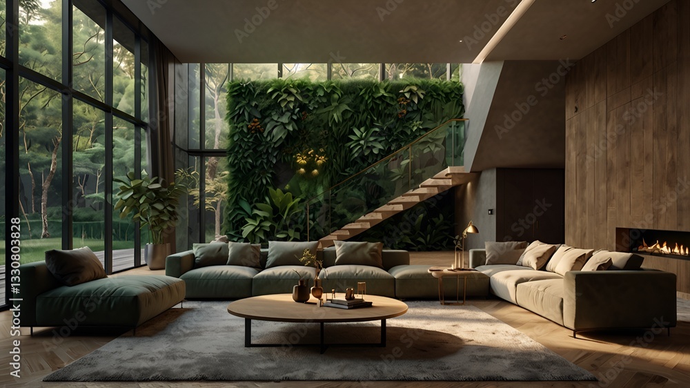 Fototapeta premium 🏡 Luxurious Modern Living Space with Forest View 🌿 | Elegant Dark-Toned Interior & Grand Staircase ✨ | Warm Golden Lighting & Floor-to-Ceiling Windows 🌅 | Sophisticated & Tranquil Ambiance 🎨