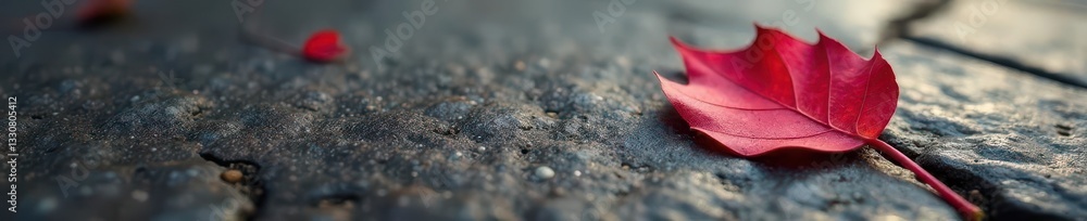 Fototapeta premium Single crimson leaf, crisp texture, fallen on grey stone , season, autumn leaf, vibrant