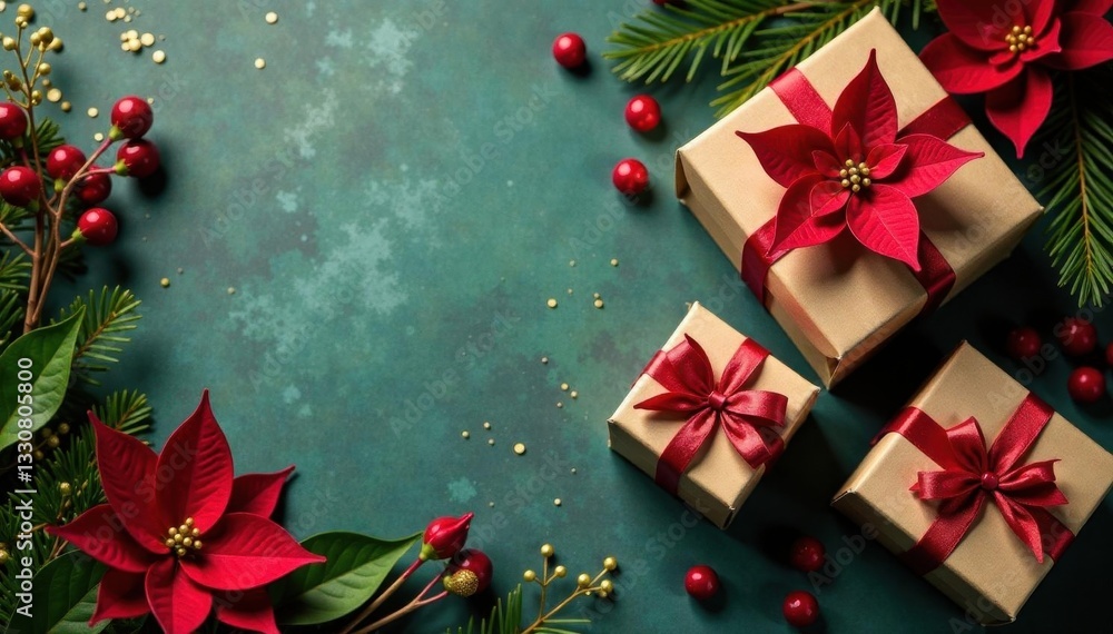 Festive gift boxes with greenery and poinsettia blooms, wrapped packages, christmas backdrop, festive theme Festive gift boxes with greenery and poinsettia blooms, wrapped packages, christmas backdrop, festive theme