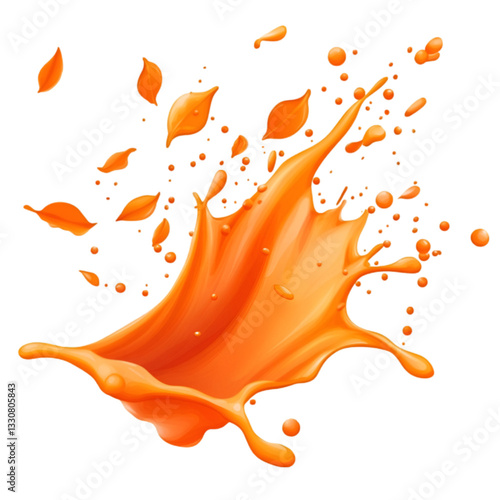 Splash of orange liquid with orange liquid on a wight background.  fruit juice splash, splashing liquid, vibrant orange splash, juice explosion, isolated liquid splash, orange paint splash, dynamic l
