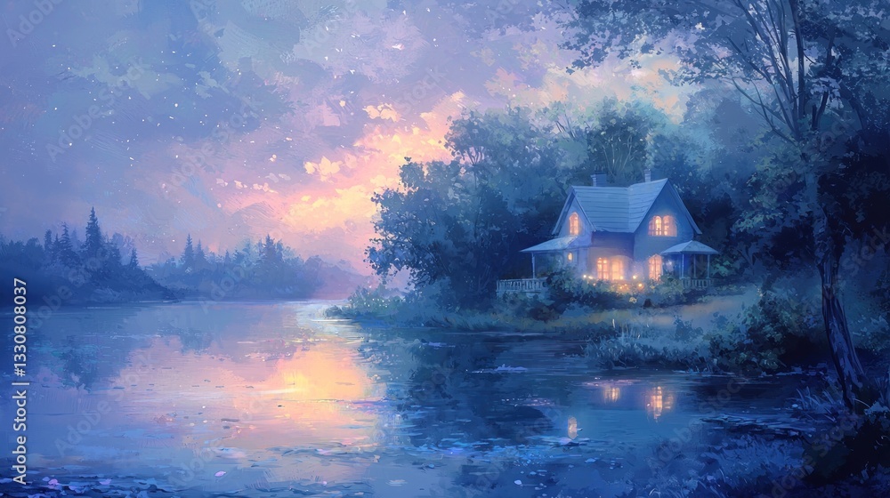 Fototapeta premium Serene lakeside cottage at twilight.