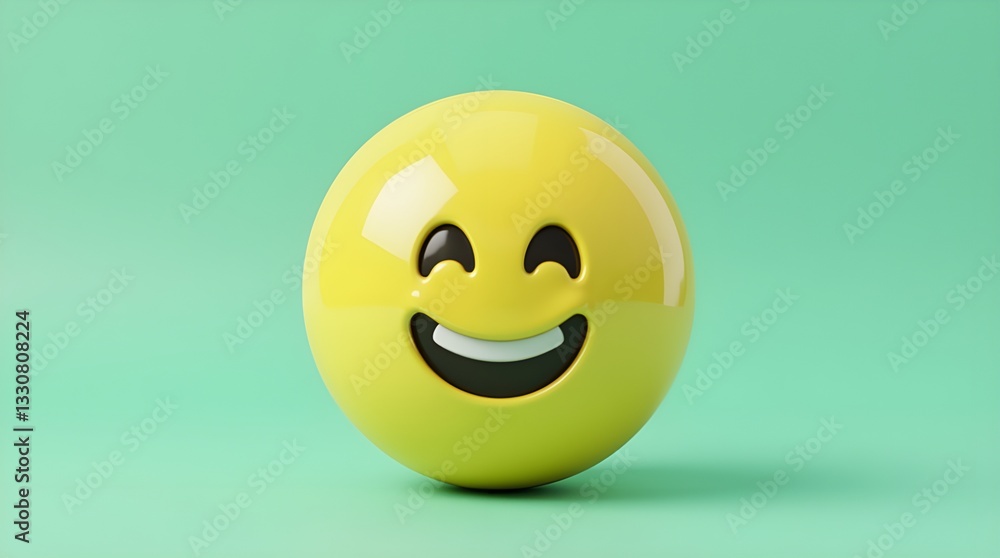 Fototapeta premium Yellow smiling emoji with a glossy finish on a teal background