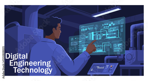Mixed race man applying digital engineering technology. Colorful minimalist flat design