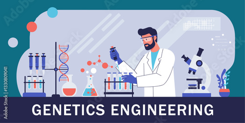 Scientist applying genetics engineering working in lab. colorful vector style
