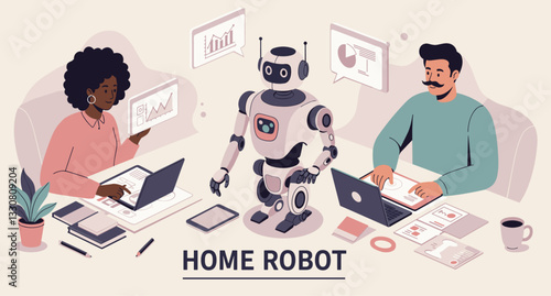 Home robot helping people in the office. Modern technology with AI. Minimalist flat design vector