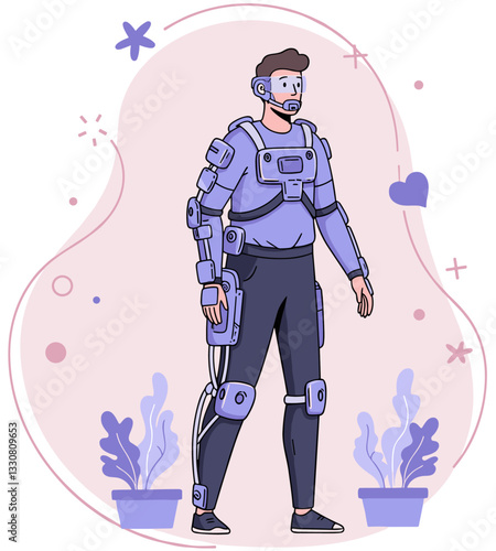 Man using Advanced exoskeleton for training. Colorful minimalist flat style vector