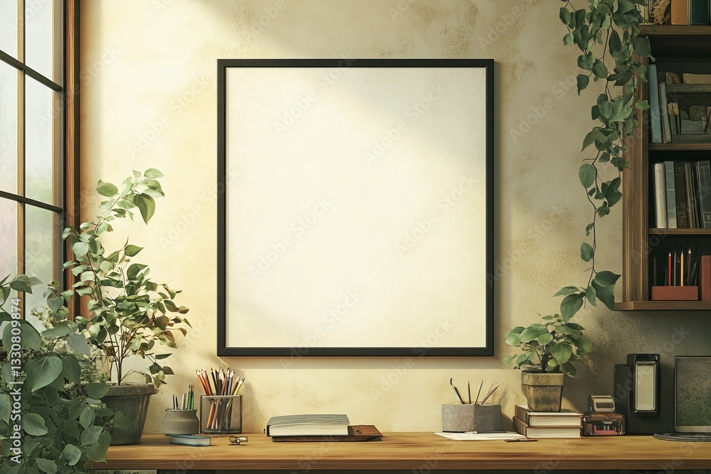 clean minimalist design with black-framed poster and vintage items
clean minimalist design with black-framed poster and vintage items
