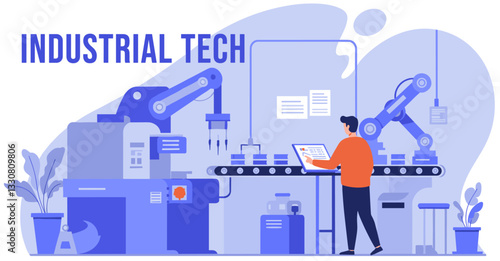 Industrial advanced technology with working on modern new machine in factory. Minimalist flat style vector