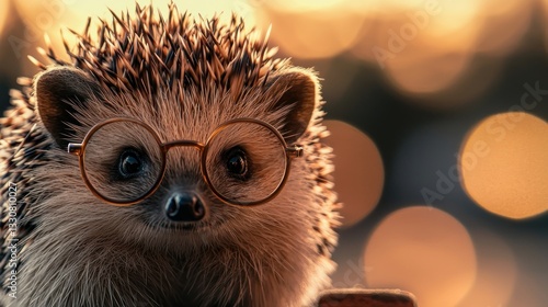 Cute hedgehog wearing glasses at sunset.
