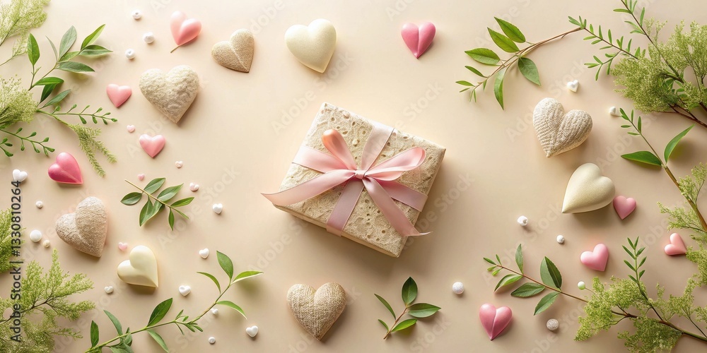 A delicately arranged presentation featuring a gift tied with a pink ribbon, surrounded by pastel hearts and sprigs of greenery on a soft beige background. A delicately arranged presentation featuring a gift tied with a pink ribbon, surrounded by pastel hearts and sprigs of greenery on a soft beige background.