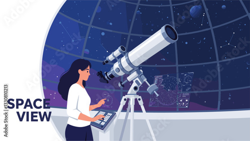 Woman using professional telescope for space viewing in astronomical observatory. Colorful minimalist vector cartoon