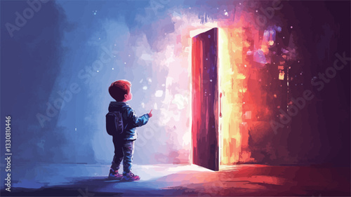 Digital painting or illustration depicting a young child, facing a large, open doorway emitting bright, glowing light; the light is predominantly red and orange on the right side of the doorway and