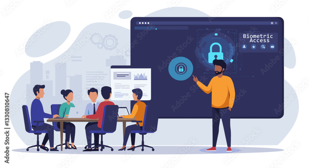 Business meeting about new technologies for biometric access. Minimalist vector design Business meeting about new technologies for biometric access. Minimalist vector design