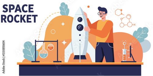 Man working on space rocket in laboratory. Colorful minimalist flat design vector