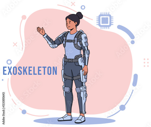 Woman using advanced exoskeleton structure. Colorful minimalist flat style vector