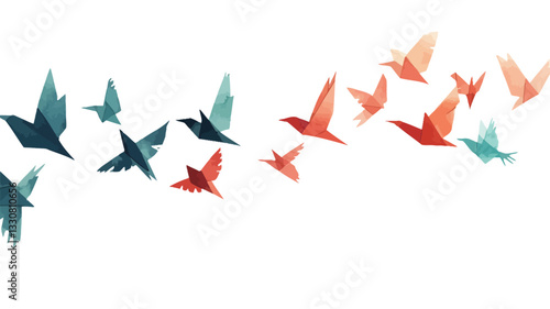 An illustration depicting a flock of origami birds in flight against a white background. The birds are rendered in a low-poly style with a gradient color scheme of teal, orange, and red hues. The