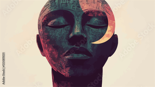 Close-up digital artwork depicting a stylized female face with eyes closed.  A crescent moon overlays part of the head. The style is abstract and painterly, with a textured surface and a