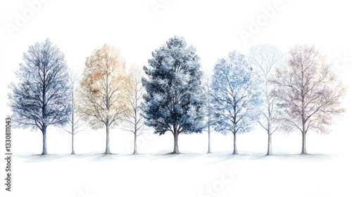 Seven trees illustrating the seasonal change.