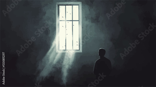 The image is a digital painting or rendering depicting a solitary male figure silhouetted against a dimly lit interior space.  The main focus is a window, emitting a bright, ethereal light that
