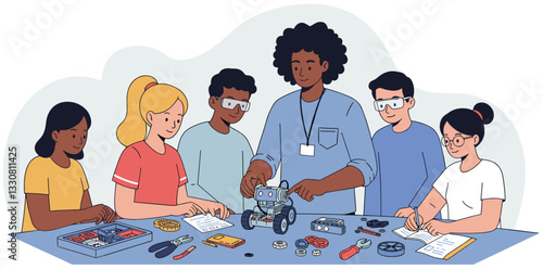 Teacher giving robotics class to children. Minimalist flat design vector